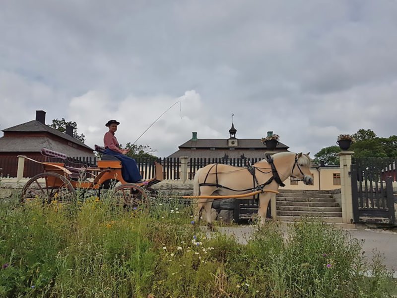 Fjording framför vagn står framför en stentrapp. Bakom syns en herrgårdsliknande byggnad. På kuskbocken sitter en kvinna klädd i blus och hatt i stil från 1900-talets början.