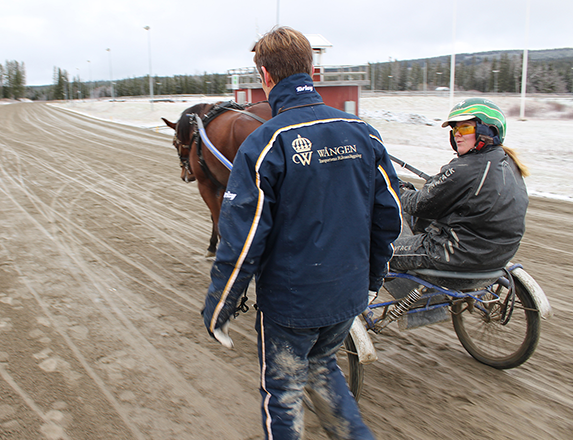 En lärare i körkonst går bredvid kvinna som kör ett varmblod på Wångens travbana