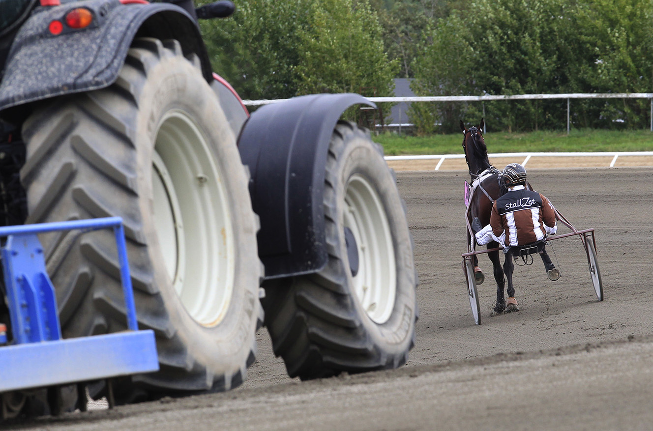 En varmblodstravare i sulky körs av en kusk med texten Stall Zet på. Bakom ekipaget syns en stor traktor framträdande i förgrunden. Bilden är från Jägersros travbana.