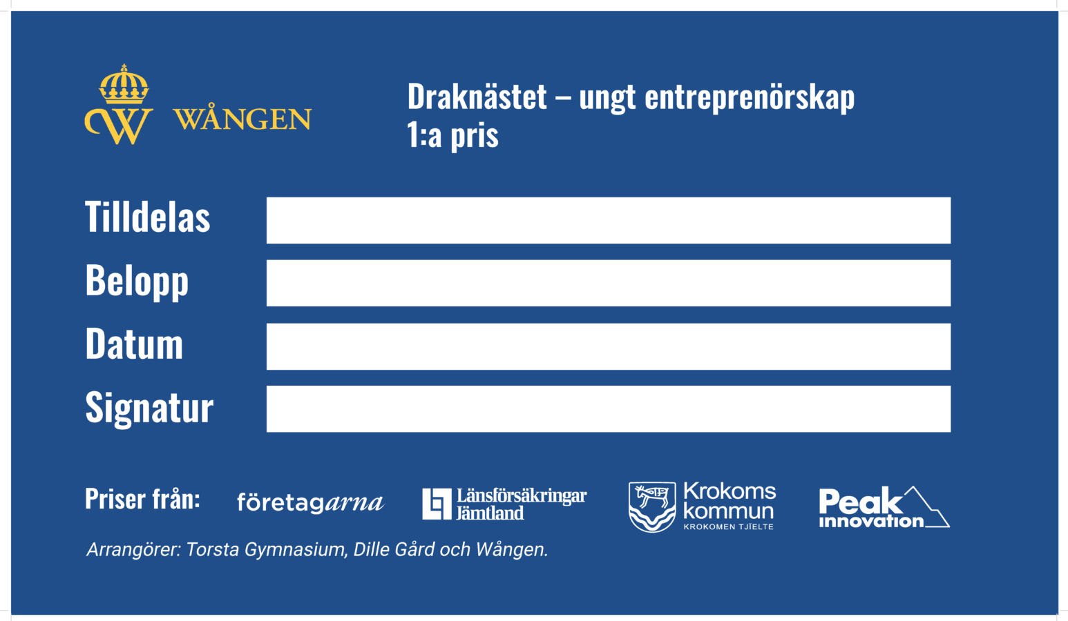 Prischeck med loggor från samarbetspartners Företagarna, Länsförsäkringar Jämtland, Krokoms kommun och Peak Innovation. 