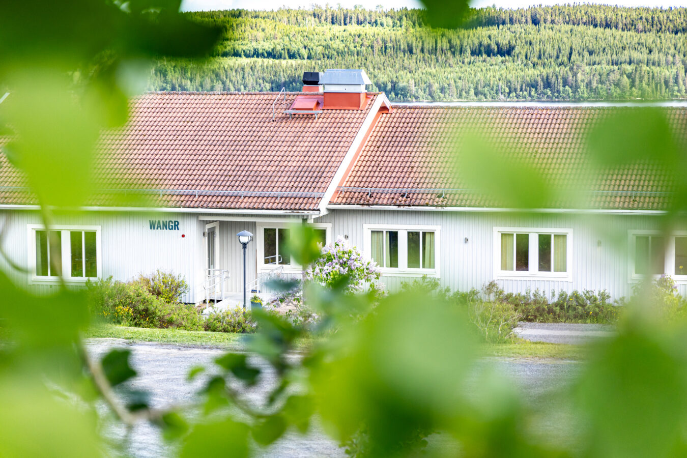 En vit byggnad med rött tak, märkt "WANGR," är delvis skymd av gröna löv nära en skogsklädd kulle som syns i bakgrunden.