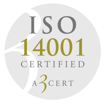 ISO 14001-certifierad A3Cert-logotyp med grå och guldtext som symboliserar hållbarhet.